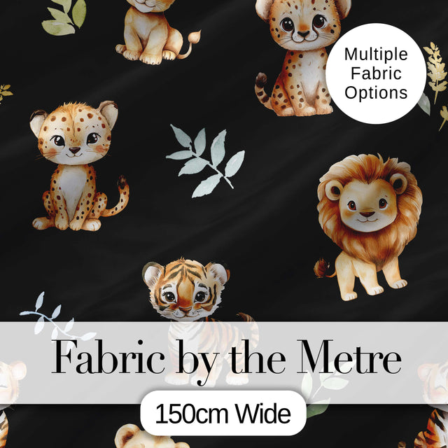 Adorable Baby Jungle Animals with Leaves on Black Background Seamless Pattern Digital Print Fabric by the Metre UK Sewing Quilting Textile