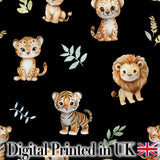 Adorable Baby Jungle Animals with Leaves on Black Background Seamless Pattern Digital Print Fabric by the Metre UK Sewing Quilting Textile