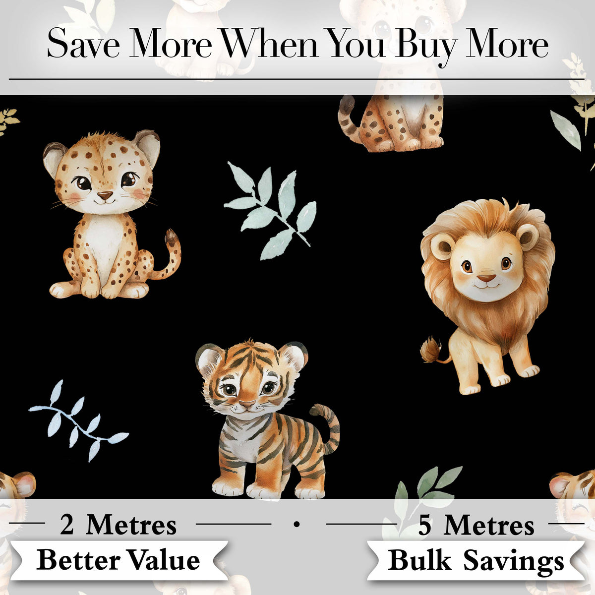 Adorable Baby Jungle Animals with Leaves on Black Background Seamless Pattern Digital Print Fabric by the Metre UK Sewing Quilting Textile
