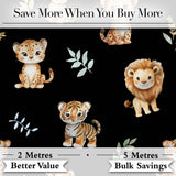 Adorable Baby Jungle Animals with Leaves on Black Background Seamless Pattern Digital Print Fabric by the Metre UK Sewing Quilting Textile
