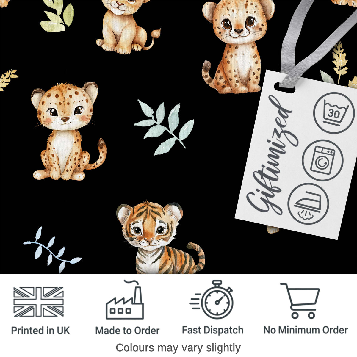 Adorable Baby Jungle Animals with Leaves on Black Background Seamless Pattern Digital Print Fabric by the Metre UK Sewing Quilting Textile
