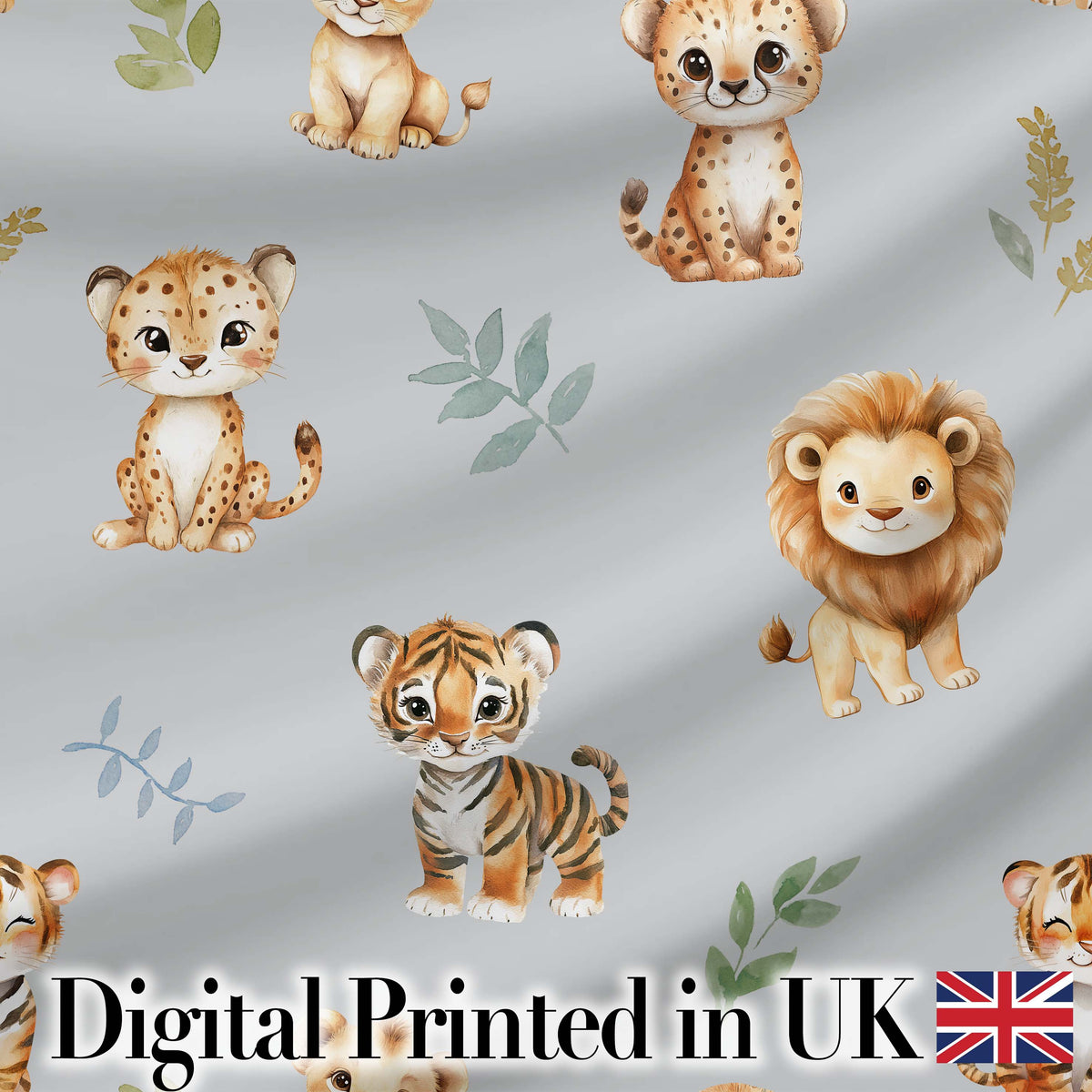 Cute Baby Jungle Animals with Leaves on Light Grey Background Seamless Pattern Digital Print Fabric by the Metre UK Sewing Quilting Textile