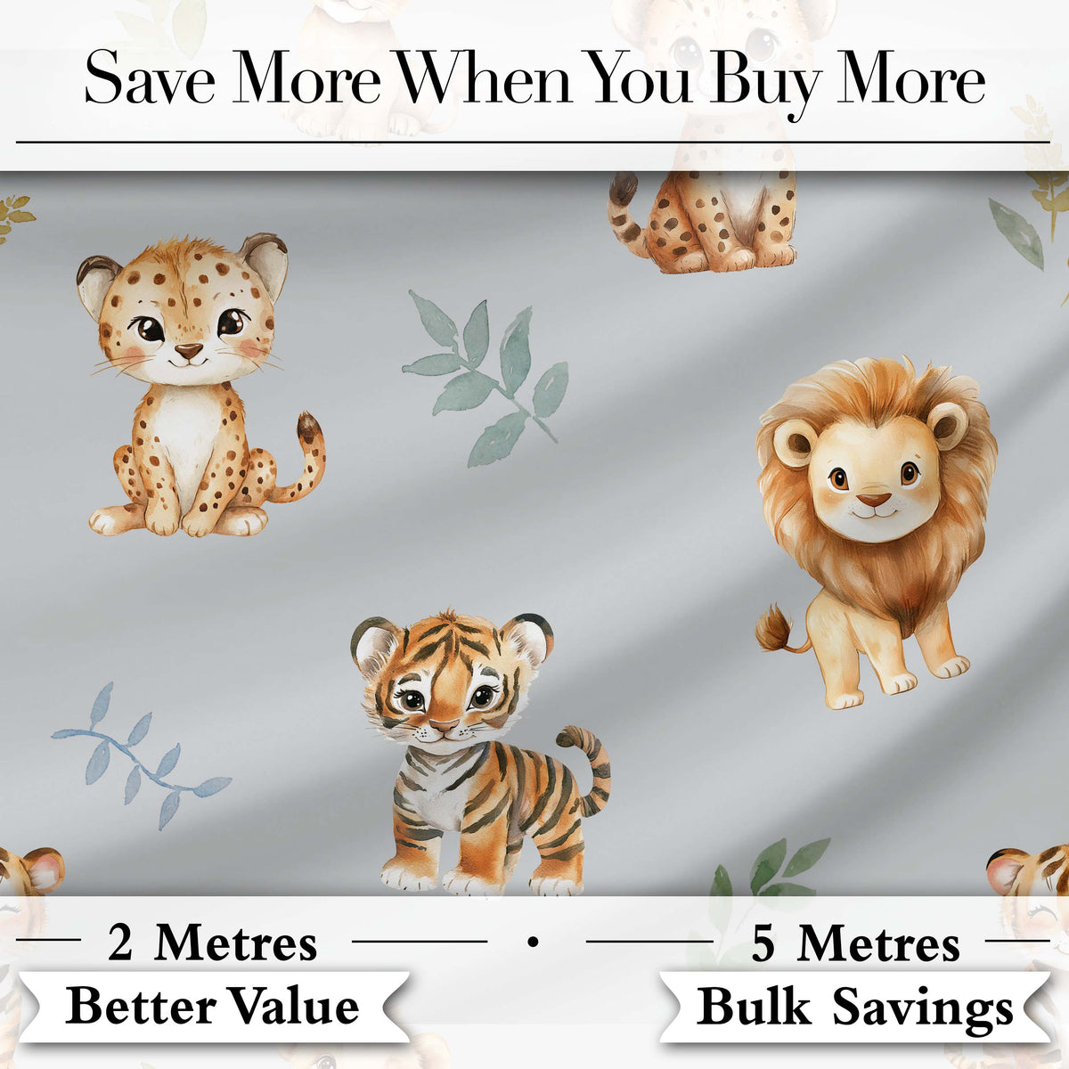 Cute Baby Jungle Animals with Leaves on Light Grey Background Seamless Pattern Digital Print Fabric by the Metre UK Sewing Quilting Textile
