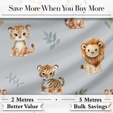 Cute Baby Jungle Animals with Leaves on Light Grey Background Seamless Pattern Digital Print Fabric by the Metre UK Sewing Quilting Textile