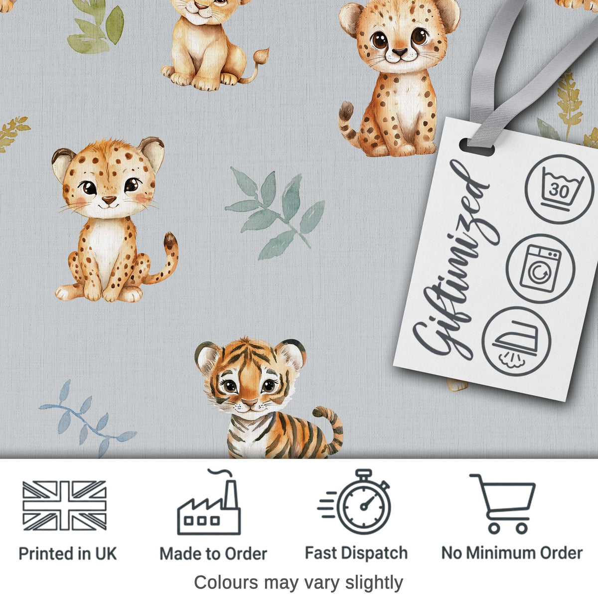 Cute Baby Jungle Animals with Leaves on Light Grey Background Seamless Pattern Digital Print Fabric by the Metre UK Sewing Quilting Textile
