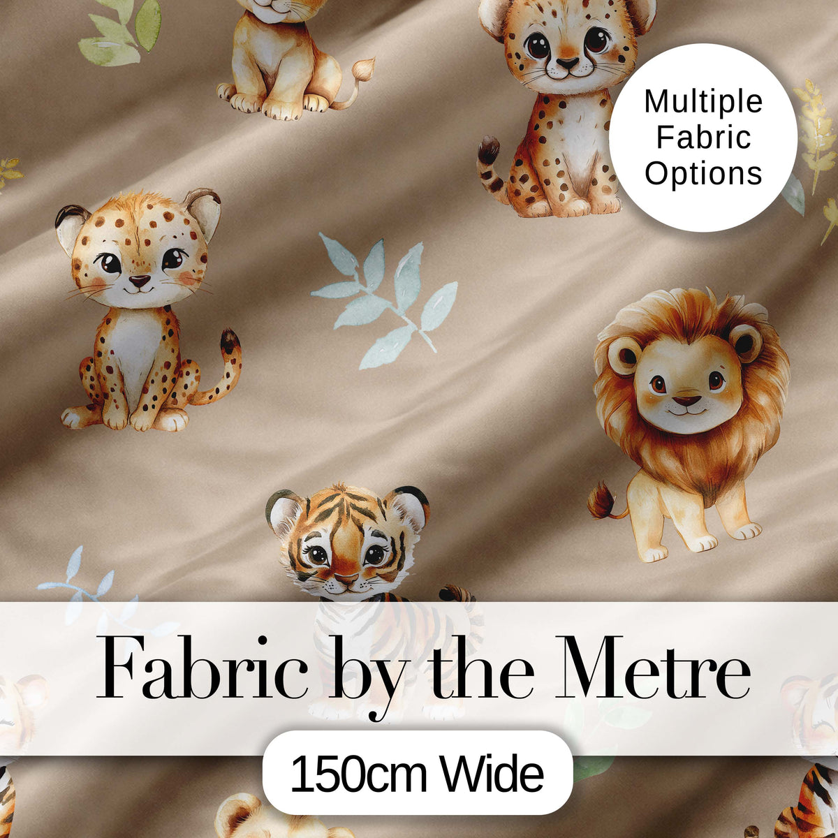 Cute Baby Jungle Animals with Leaves on Warm Beige Background Seamless Pattern Digital Print Fabric by the Metre UK Sewing Quilting Textile