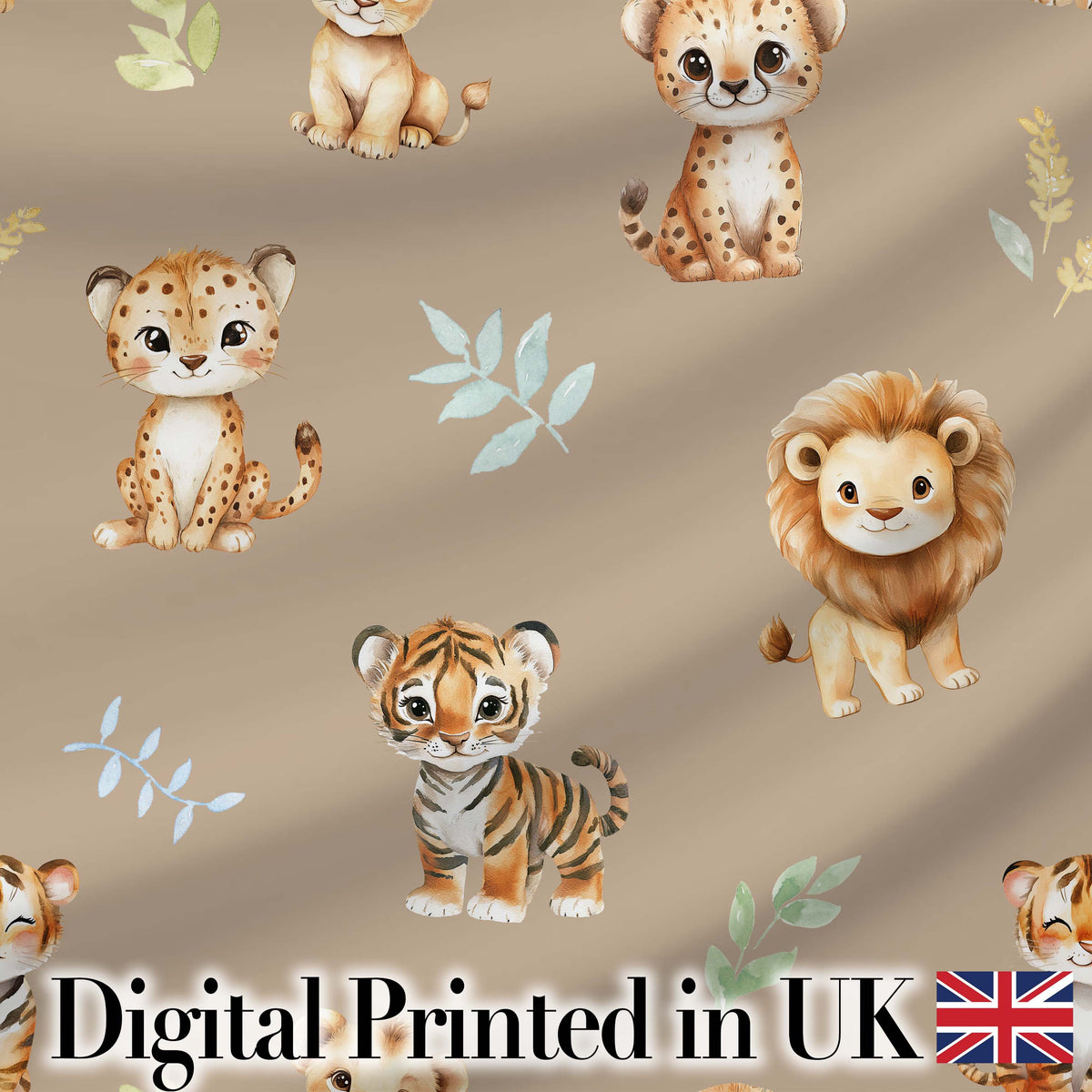 Cute Baby Jungle Animals with Leaves on Warm Beige Background Seamless Pattern Digital Print Fabric by the Metre UK Sewing Quilting Textile