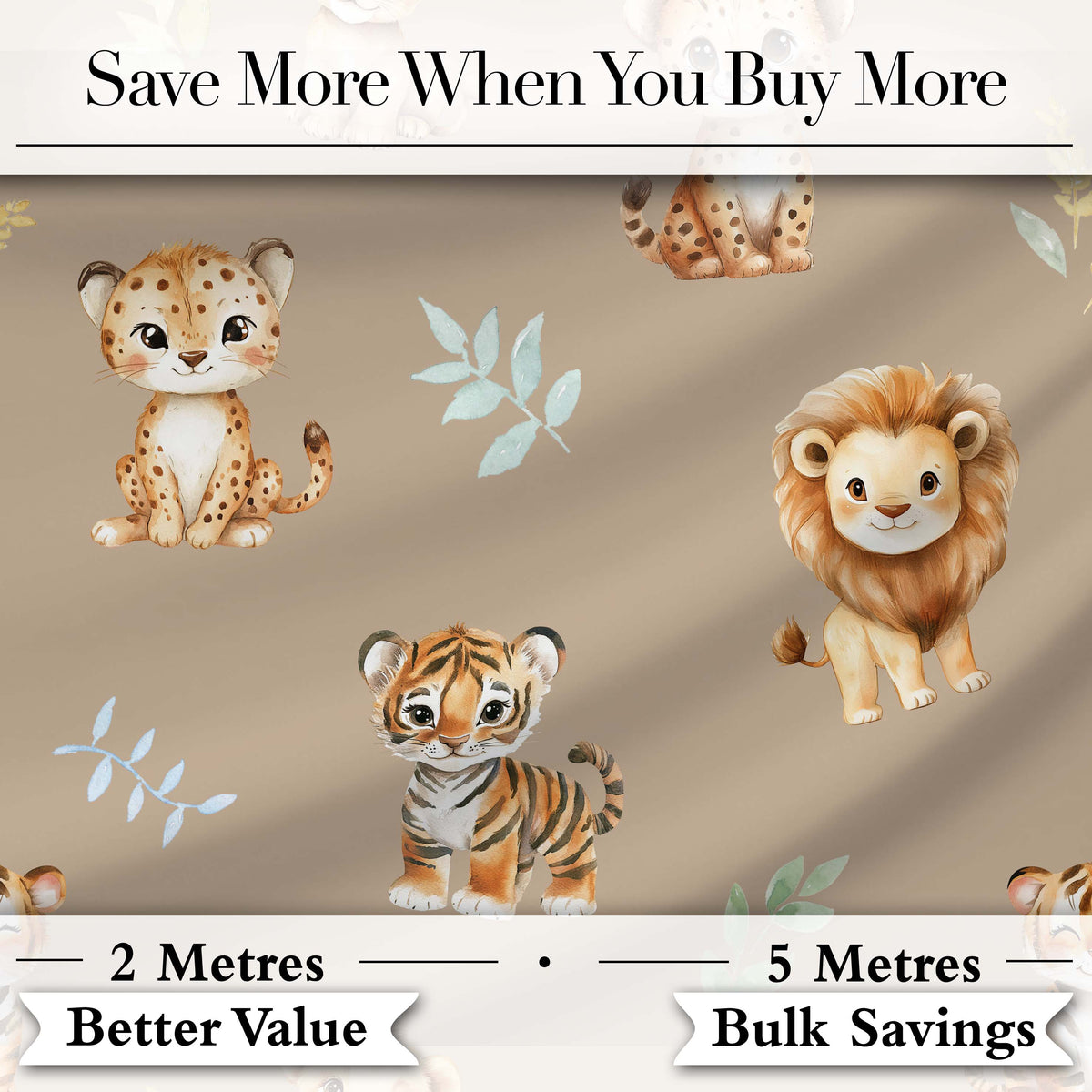Cute Baby Jungle Animals with Leaves on Warm Beige Background Seamless Pattern Digital Print Fabric by the Metre UK Sewing Quilting Textile