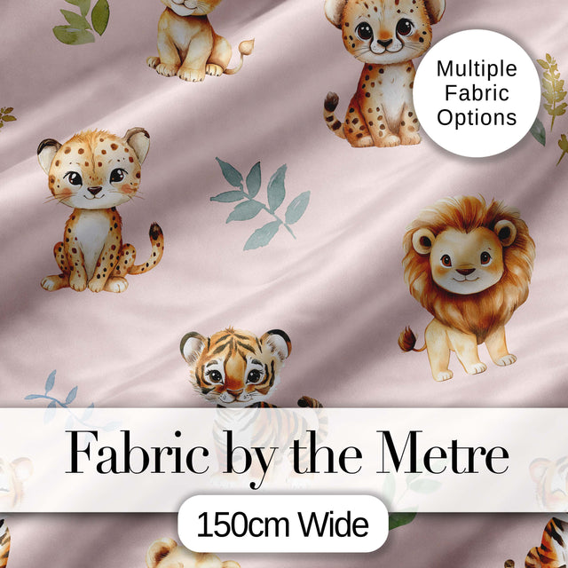 Cute Baby Jungle Animals with Leaves on Blush Pink Background Seamless Pattern Digital Print Fabric by the Metre UK Sewing Quilting Textile