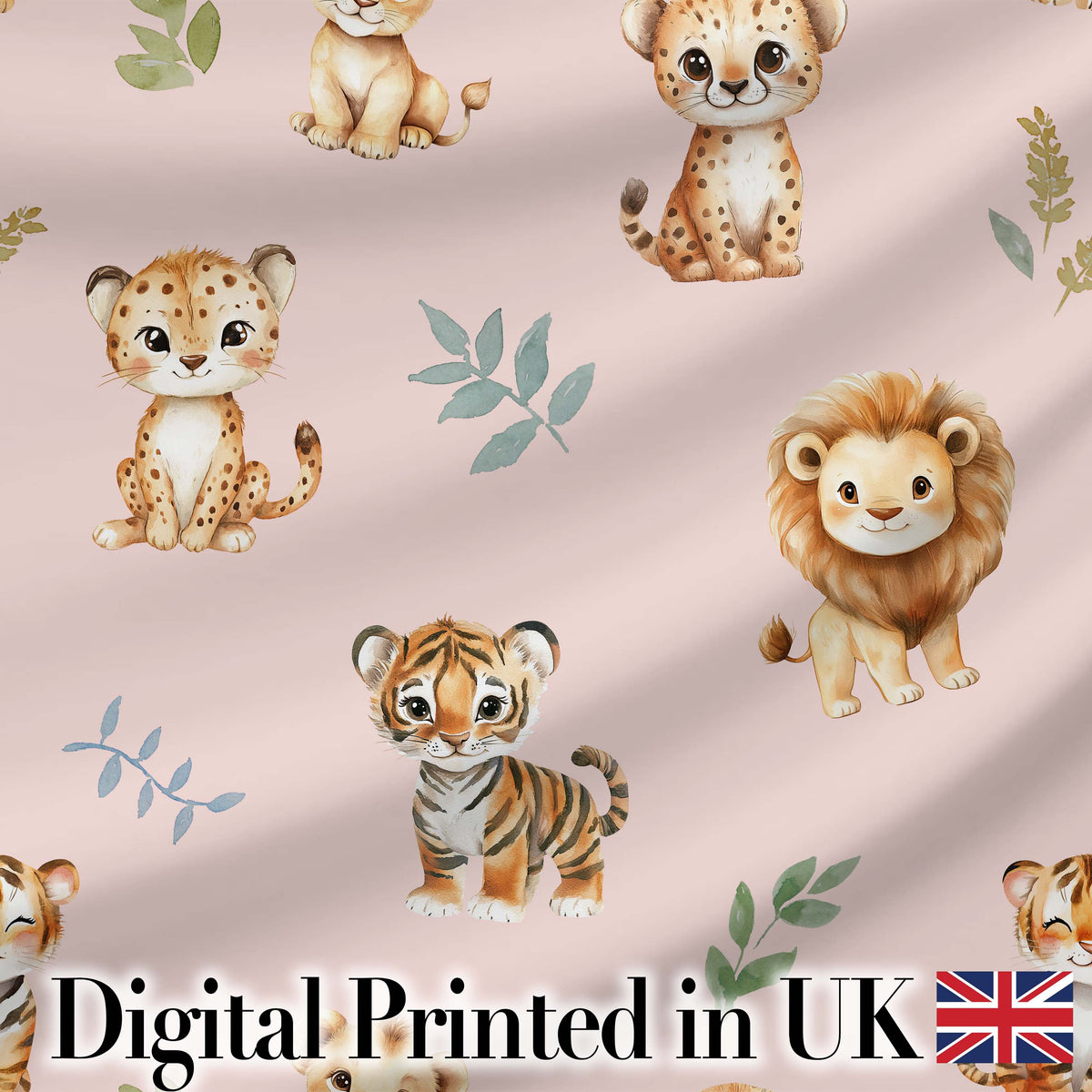 Cute Baby Jungle Animals with Leaves on Blush Pink Background Seamless Pattern Digital Print Fabric by the Metre UK Sewing Quilting Textile