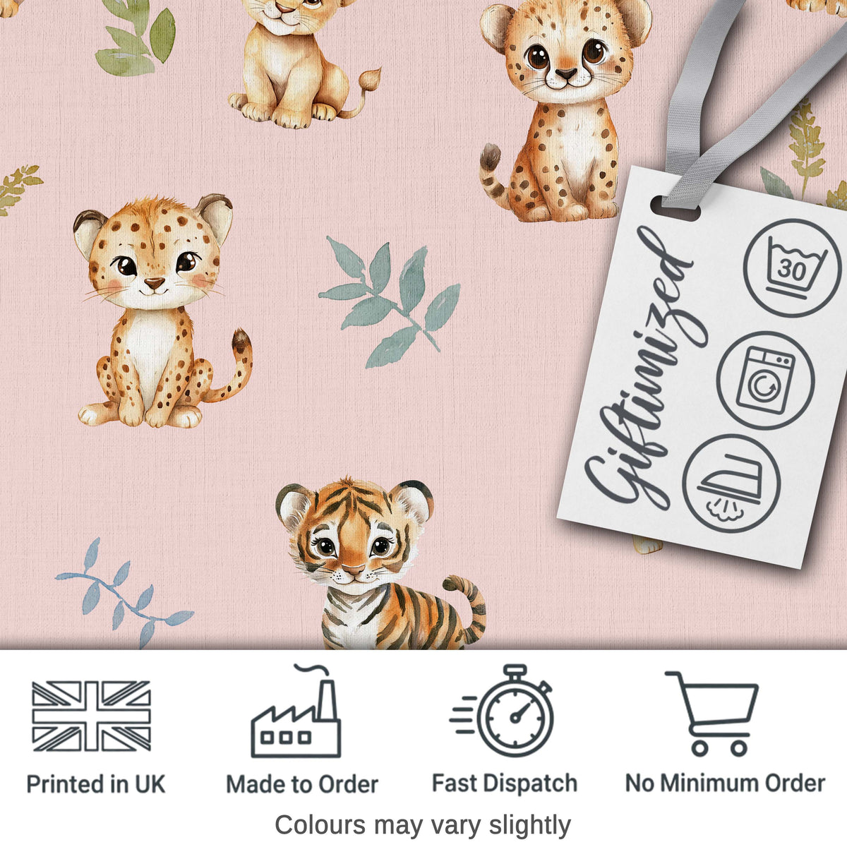 Cute Baby Jungle Animals with Leaves on Blush Pink Background Seamless Pattern Digital Print Fabric by the Metre UK Sewing Quilting Textile