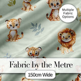 Cute Baby Jungle Animals with Leaves on Sage Green Background Seamless Pattern Digital Print Fabric by the Metre UK Sewing Quilting Textile