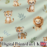 Cute Baby Jungle Animals with Leaves on Sage Green Background Seamless Pattern Digital Print Fabric by the Metre UK Sewing Quilting Textile