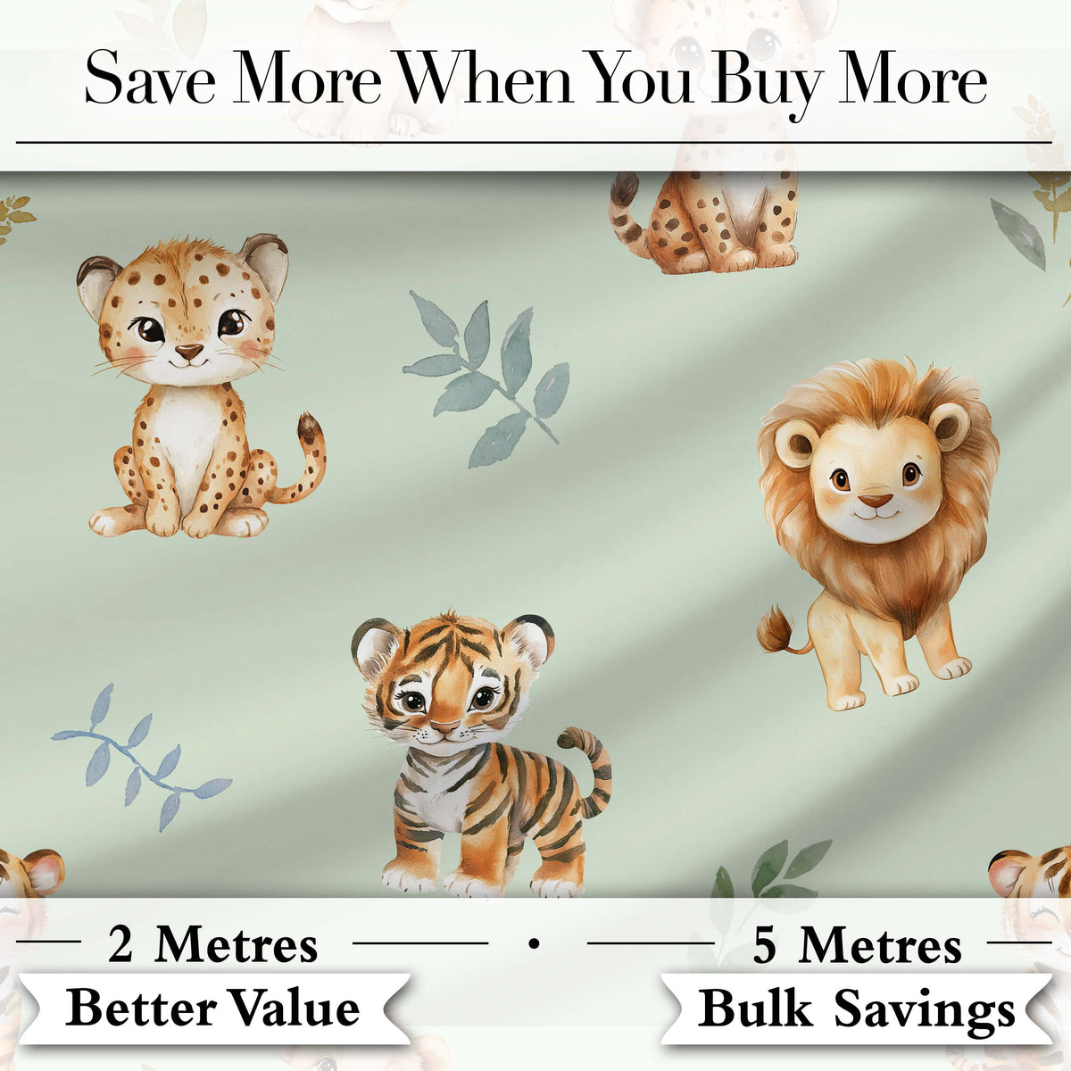 Cute Baby Jungle Animals with Leaves on Sage Green Background Seamless Pattern Digital Print Fabric by the Metre UK Sewing Quilting Textile