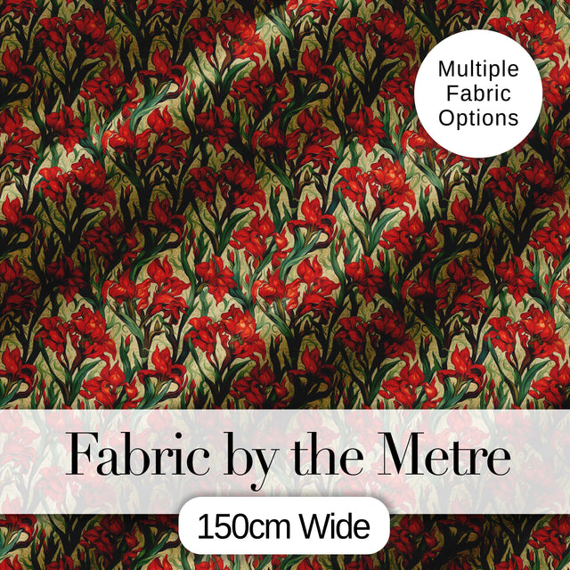 Vintage Red Floral Botanical Sketch Seamless Pattern Digital Print Fabric by the Metre UK Sewing Quilting Textile