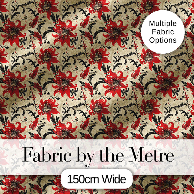 Detailed Red Peony Floral Vintage Seamless Pattern Digital Print Fabric by the Metre UK Sewing Quilting Textile