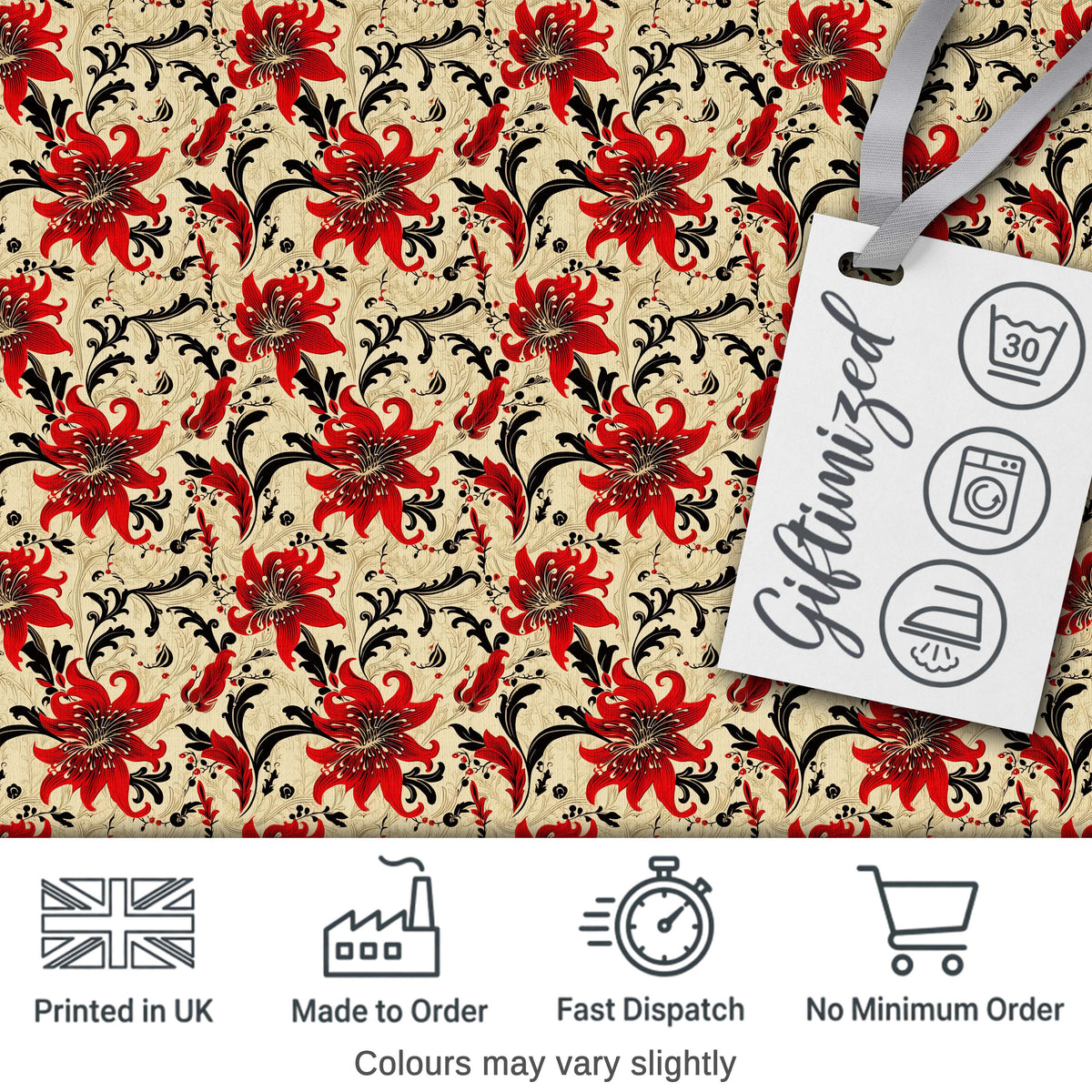Detailed Red Peony Floral Vintage Seamless Pattern Digital Print Fabric by the Metre UK Sewing Quilting Textile