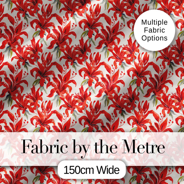 Bold Red Lily Watercolor Floral Seamless Pattern Digital Print Fabric by the Metre UK Sewing Quilting Textile