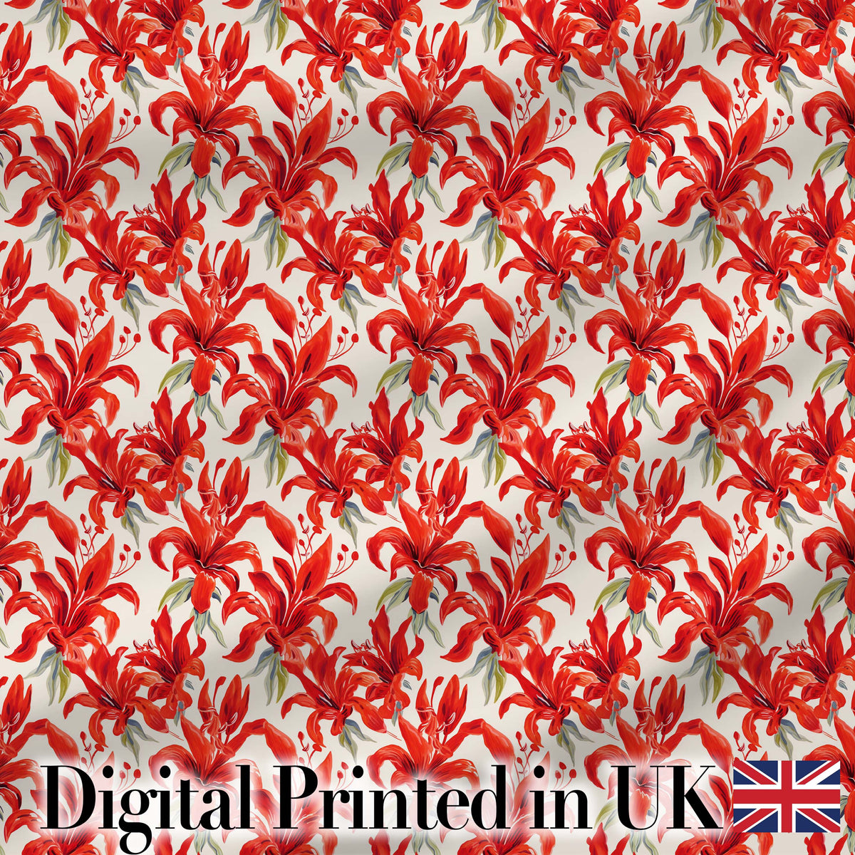 Bold Red Lily Watercolor Floral Seamless Pattern Digital Print Fabric by the Metre UK Sewing Quilting Textile