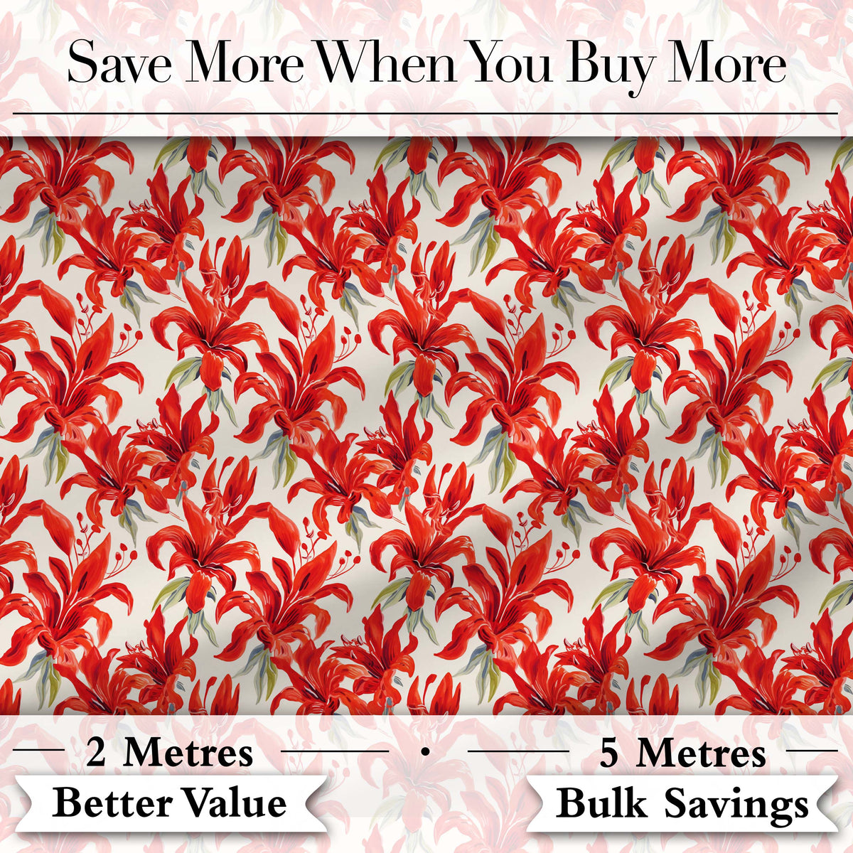 Bold Red Lily Watercolor Floral Seamless Pattern Digital Print Fabric by the Metre UK Sewing Quilting Textile