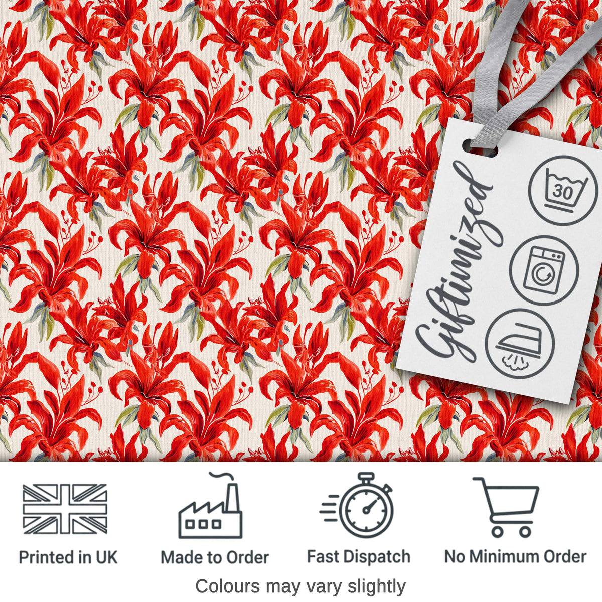 Bold Red Lily Watercolor Floral Seamless Pattern Digital Print Fabric by the Metre UK Sewing Quilting Textile