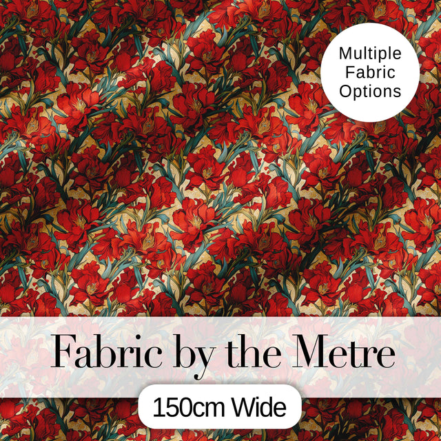 Vintage Red Lily Floral Beige Background Seamless Pattern Digital Print Fabric by the Metre UK Sewing Quilting Textile