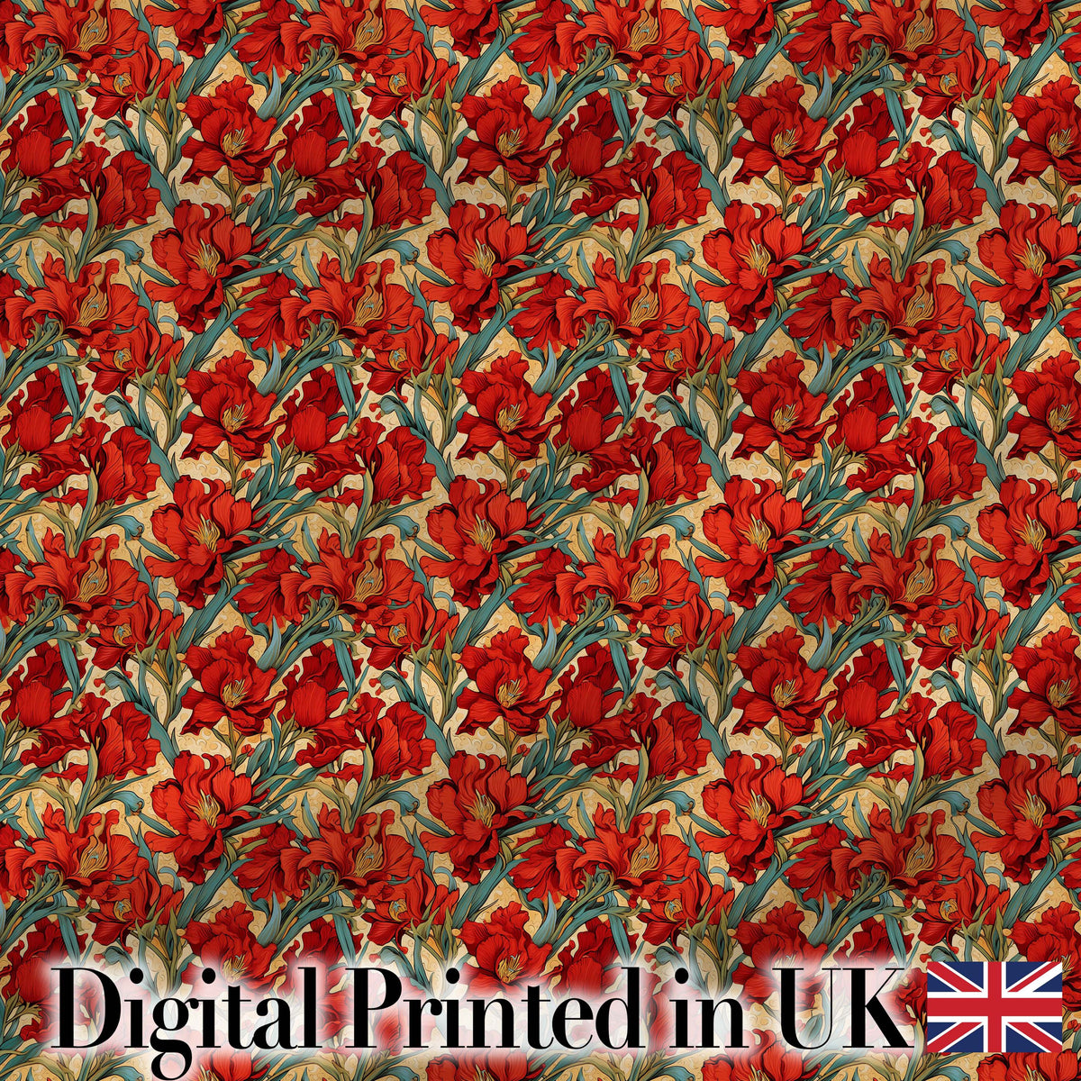 Vintage Red Lily Floral Beige Background Seamless Pattern Digital Print Fabric by the Metre UK Sewing Quilting Textile