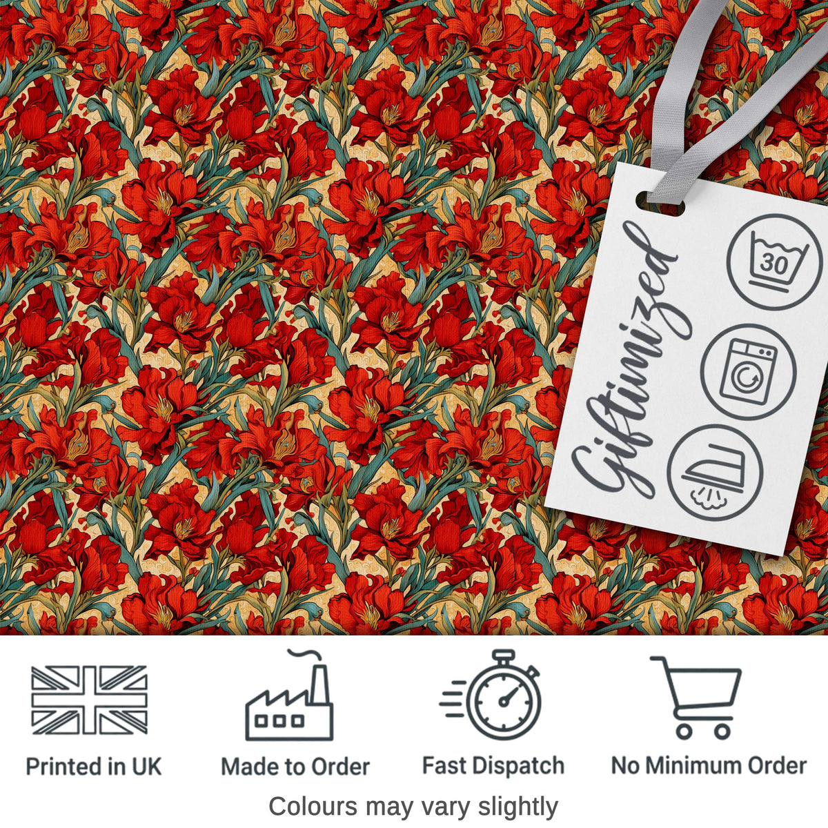 Vintage Red Lily Floral Beige Background Seamless Pattern Digital Print Fabric by the Metre UK Sewing Quilting Textile