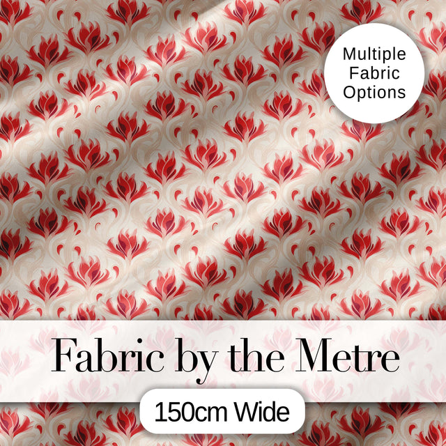 Soft Red Floral Vine Cream Background Seamless Pattern Digital Print Fabric by the Metre UK Sewing Quilting Textile