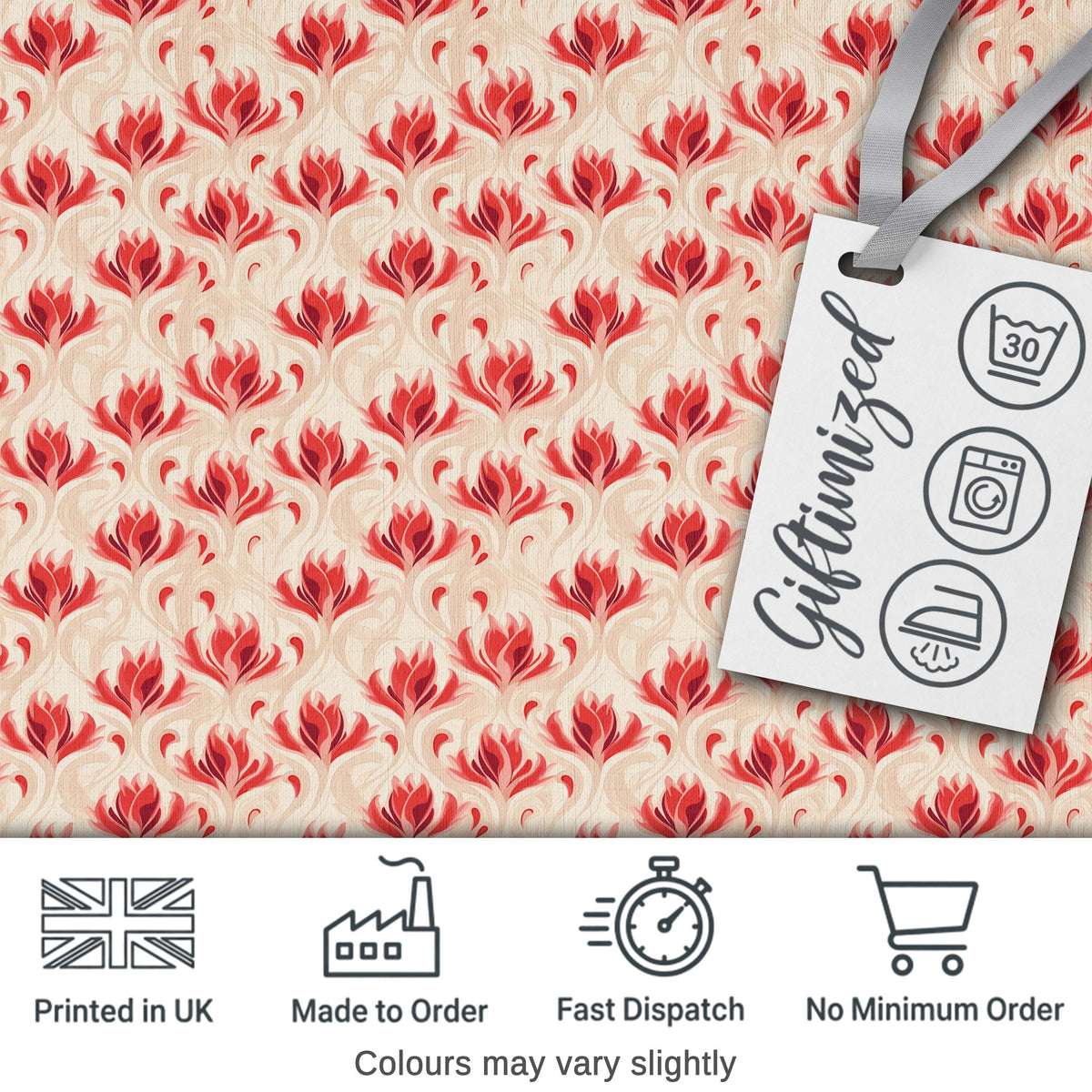 Soft Red Floral Vine Cream Background Seamless Pattern Digital Print Fabric by the Metre UK Sewing Quilting Textile
