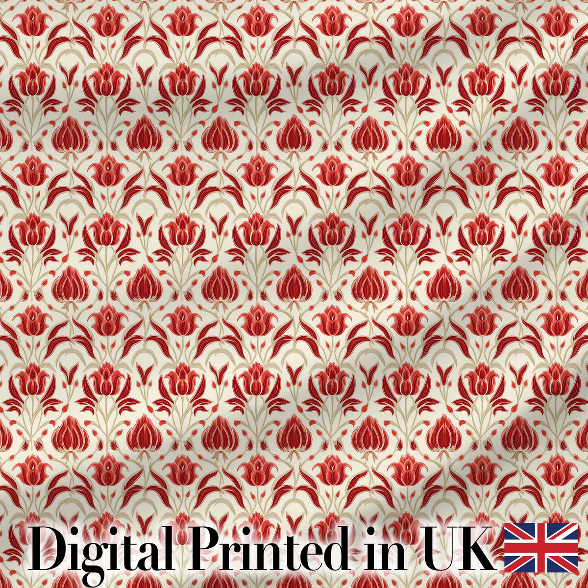 Vintage Red Tulip Floral Symmetrical Pattern Seamless Pattern Digital Print Fabric by the Metre UK Sewing Quilting Textile