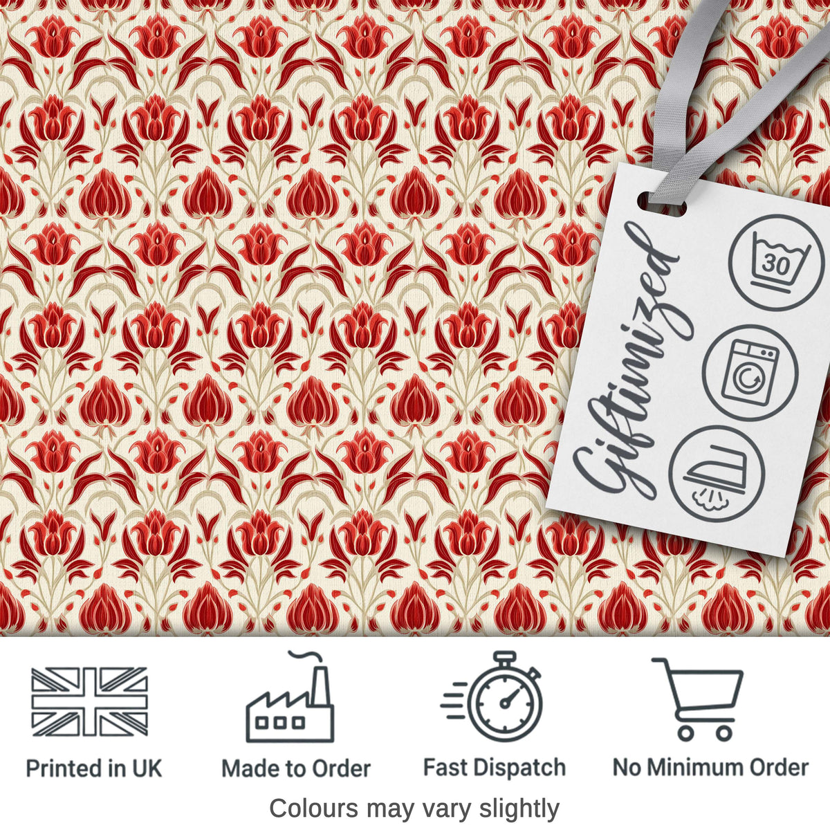 Vintage Red Tulip Floral Symmetrical Pattern Seamless Pattern Digital Print Fabric by the Metre UK Sewing Quilting Textile