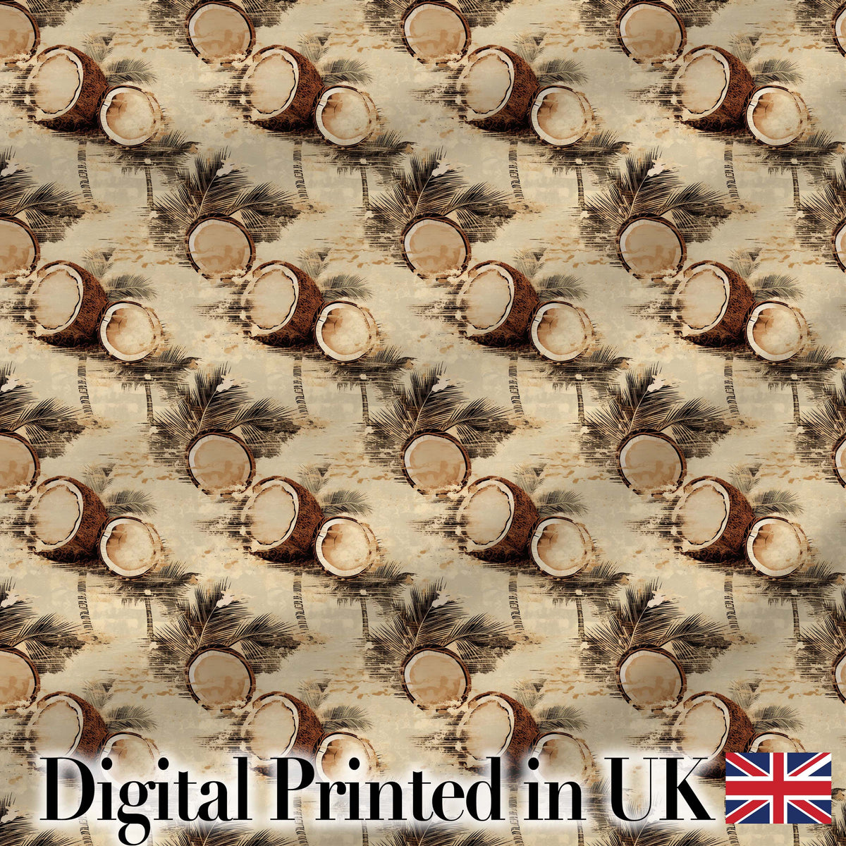 Coconut Palm Vintage Beach Scene Seamless Pattern Digital Print Fabric by the Metre UK Sewing Quilting Textile