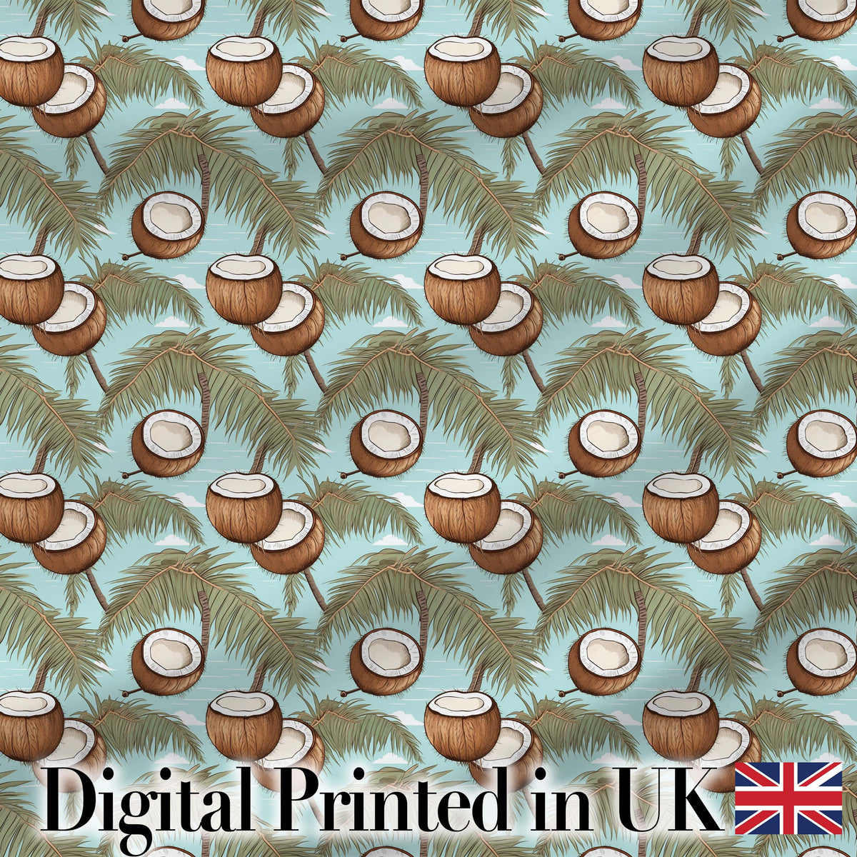 Coastal Coconut Palm Tree Illustration on Sky Blue Beach Scene Pattern Digital Print Fabric by the Metre UK Sewing Quilting Textile