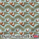 Coastal Coconut Palm Tree Illustration on Sky Blue Beach Scene Pattern Digital Print Fabric by the Metre UK Sewing Quilting Textile