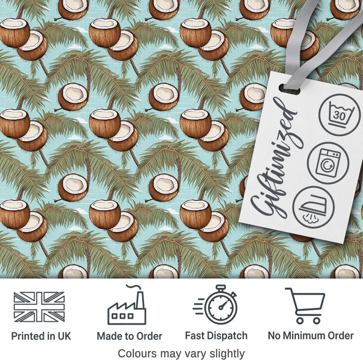 Coastal Coconut Palm Tree Illustration on Sky Blue Beach Scene Pattern Digital Print Fabric by the Metre UK Sewing Quilting Textile