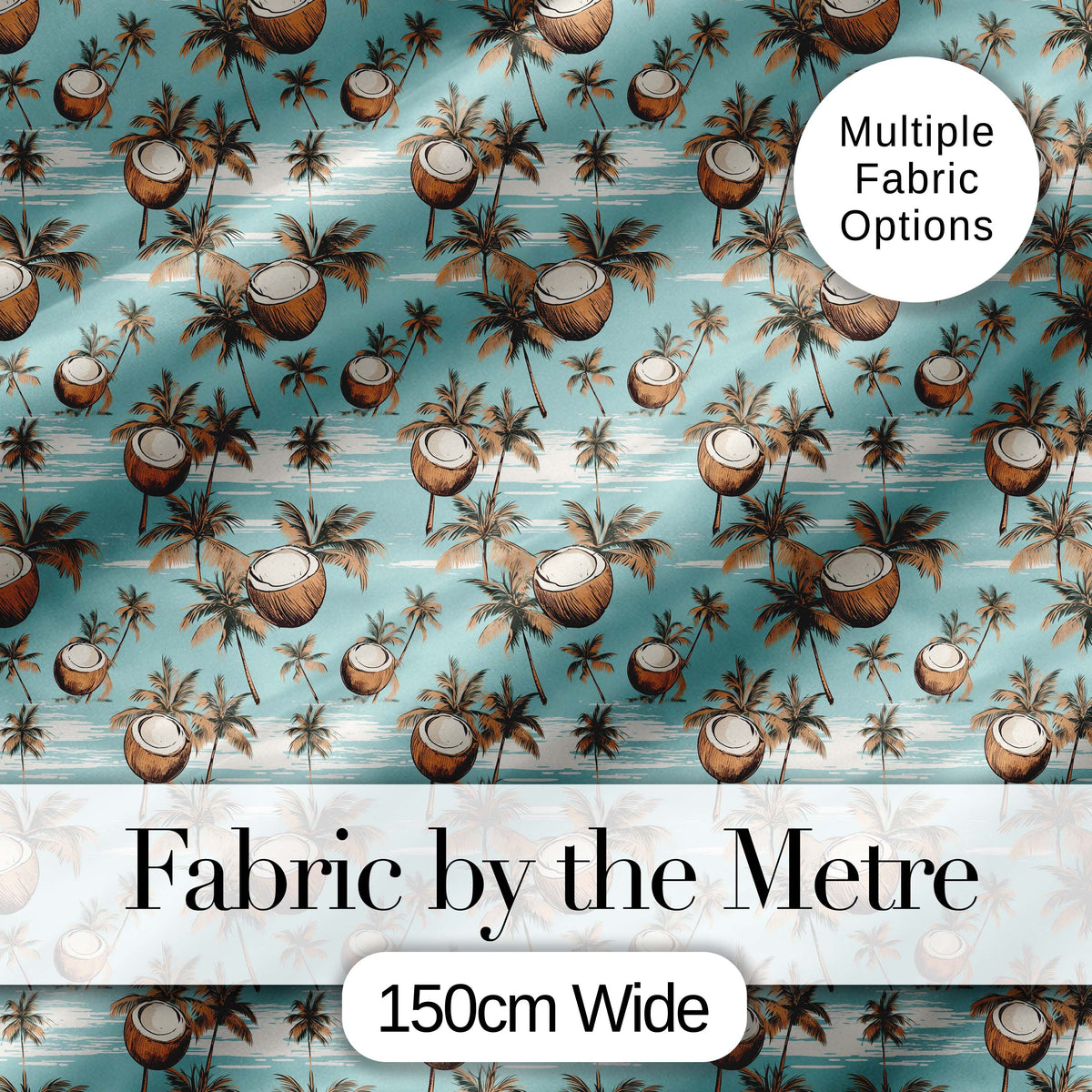 Coastal Coconut Palm Trees on Aqua Ocean Background Tropical Pattern Digital Print Fabric by the Metre UK Sewing Quilting Textile