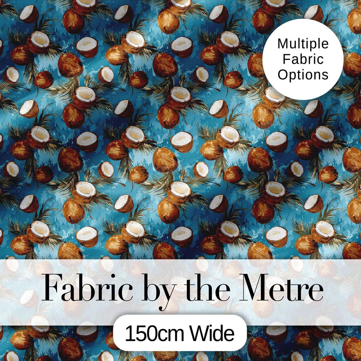 Painterly Coconut Cluster with Palm Leaves on Deep Blue Textured Background  Digital Print Fabric by the Metre UK Sewing Quilting Textile