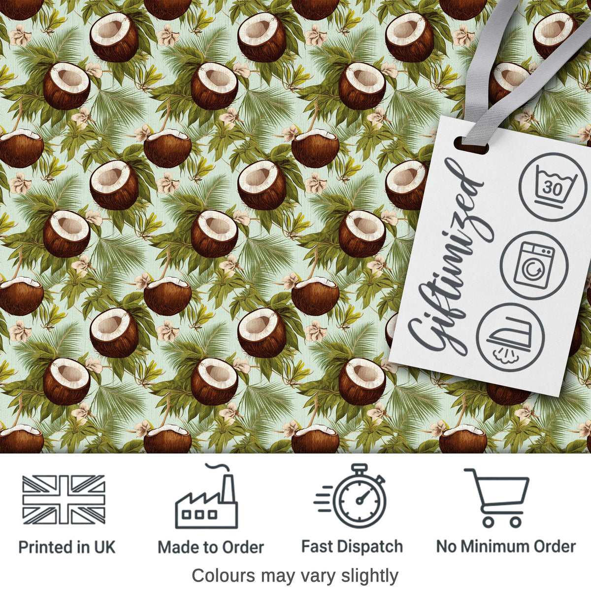 Fresh Coconut and Tropical Leaves with Flowers on Light Green Background  Digital Print Fabric by the Metre UK Sewing Quilting Textile