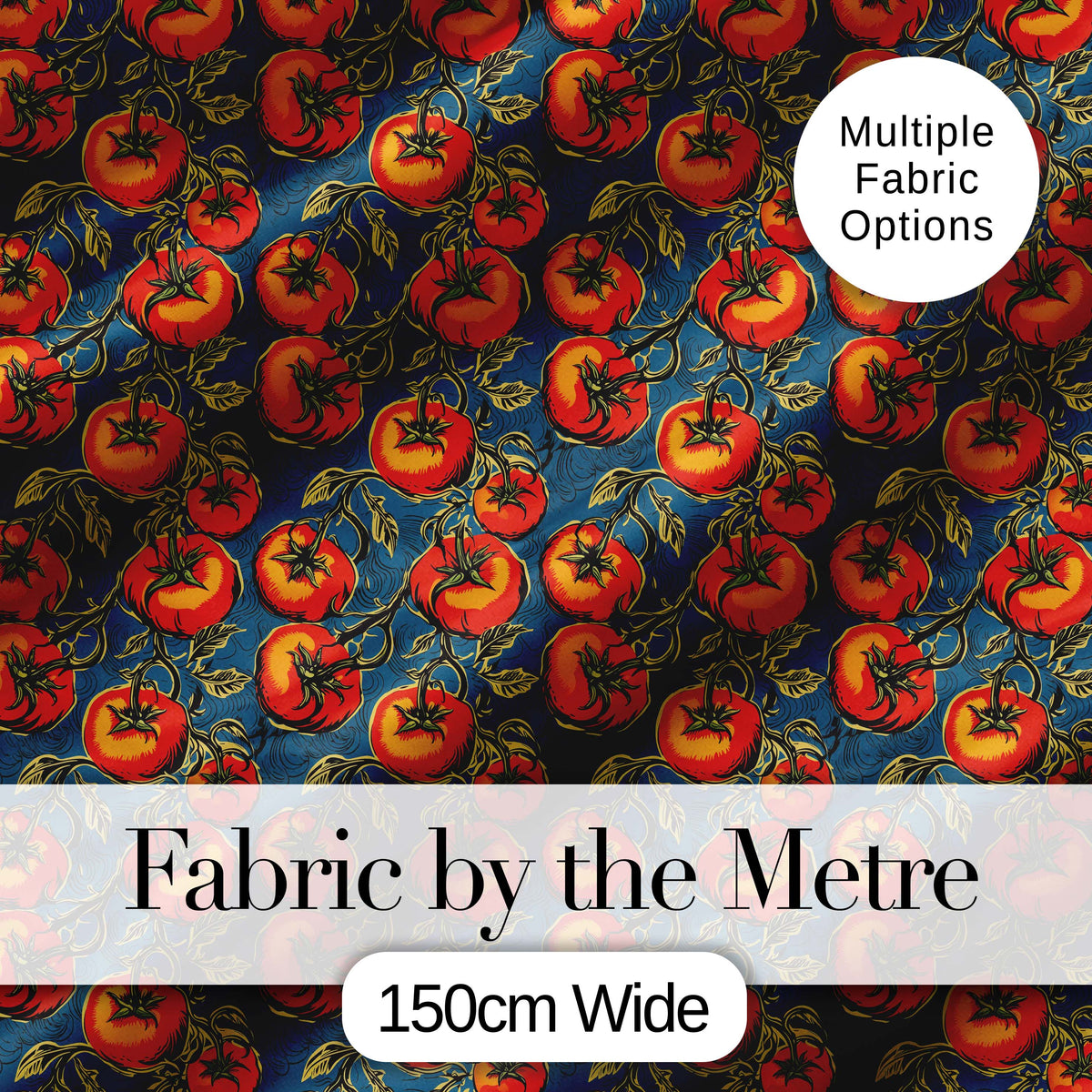 Vibrant Red Tomatoes on Vine with Dark Blue Ornate Background Pattern Digital Print Fabric by the Metre UK Sewing Quilting Textile
