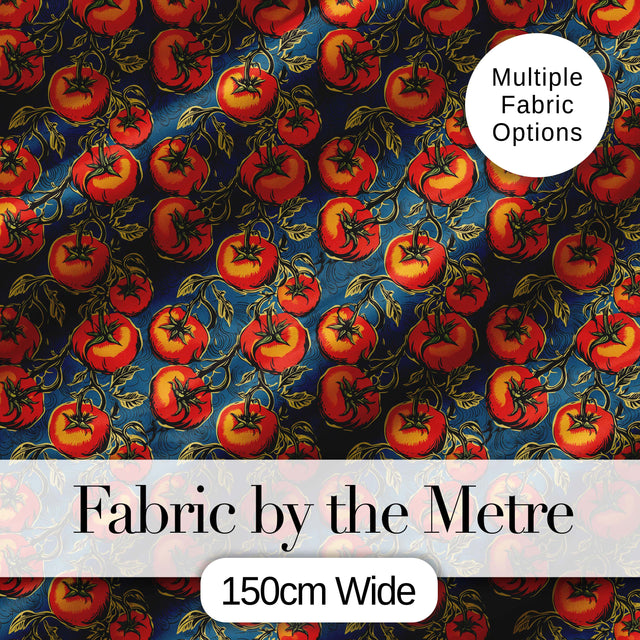 Vibrant Red Tomatoes on Vine with Dark Blue Ornate Background Pattern Digital Print Fabric by the Metre UK Sewing Quilting Textile