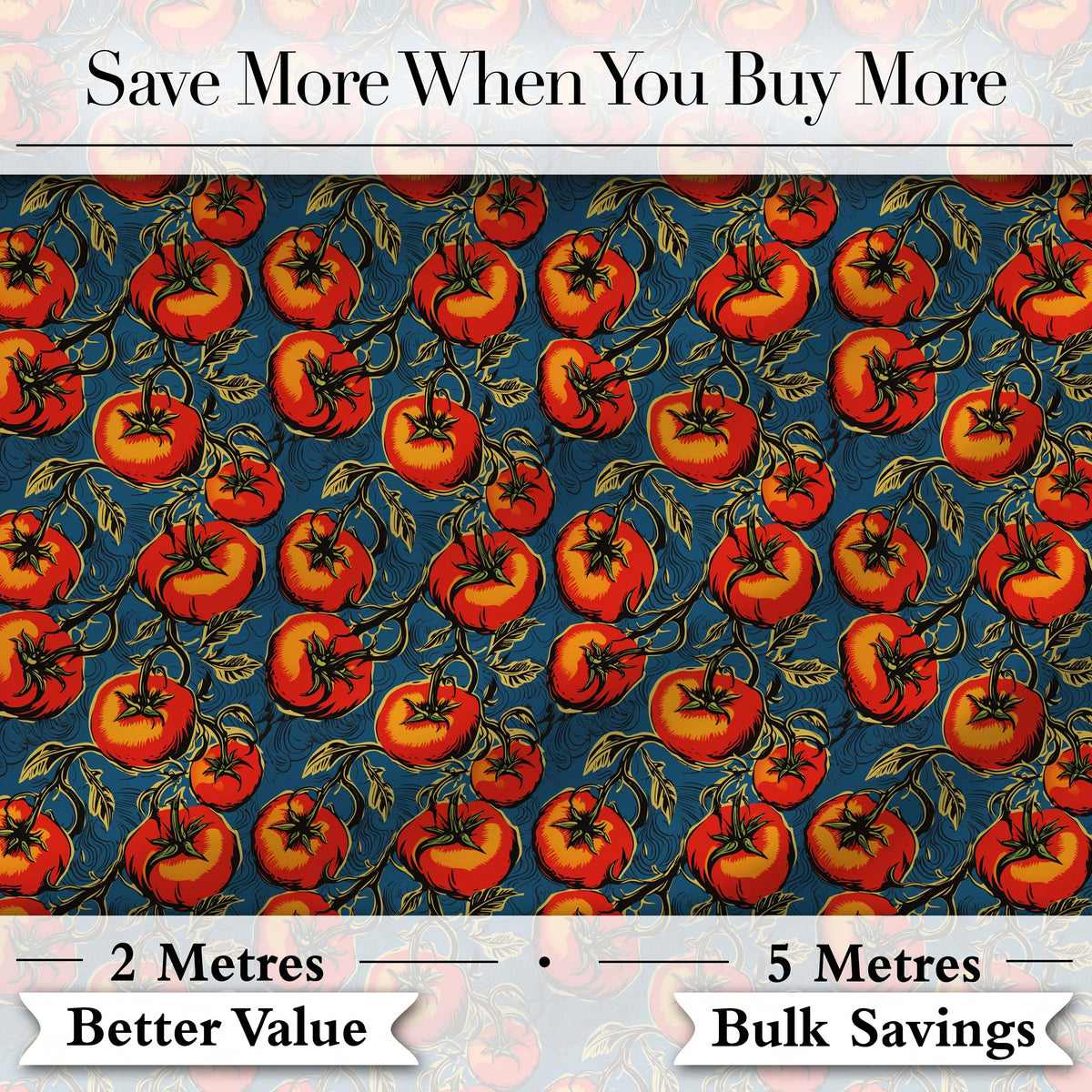 Vibrant Red Tomatoes on Vine with Dark Blue Ornate Background Pattern Digital Print Fabric by the Metre UK Sewing Quilting Textile