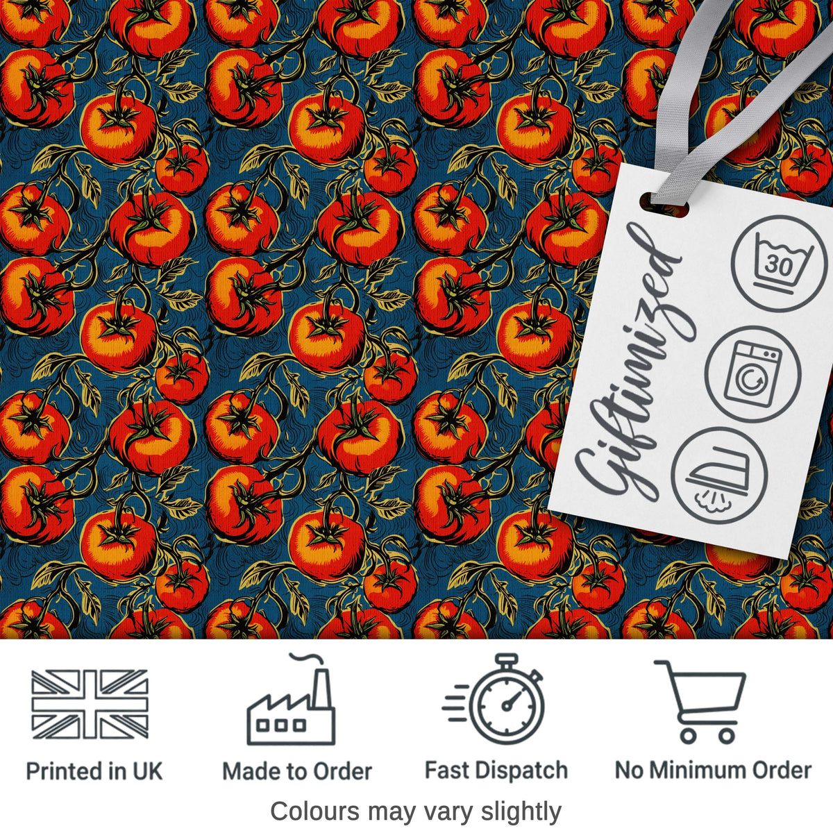 Vibrant Red Tomatoes on Vine with Dark Blue Ornate Background Pattern Digital Print Fabric by the Metre UK Sewing Quilting Textile
