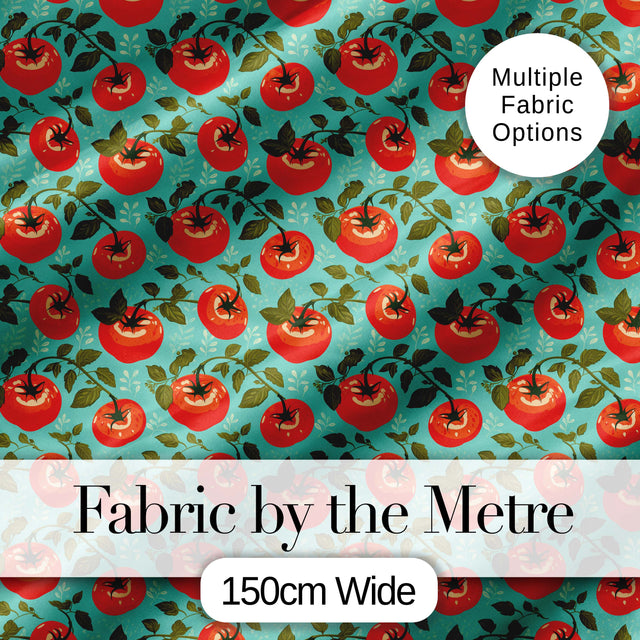 Bright Tomato Vine Pattern on Aqua Background Fresh Garden Produce Design Digital Print Fabric by the Metre UK Sewing Quilting Textile