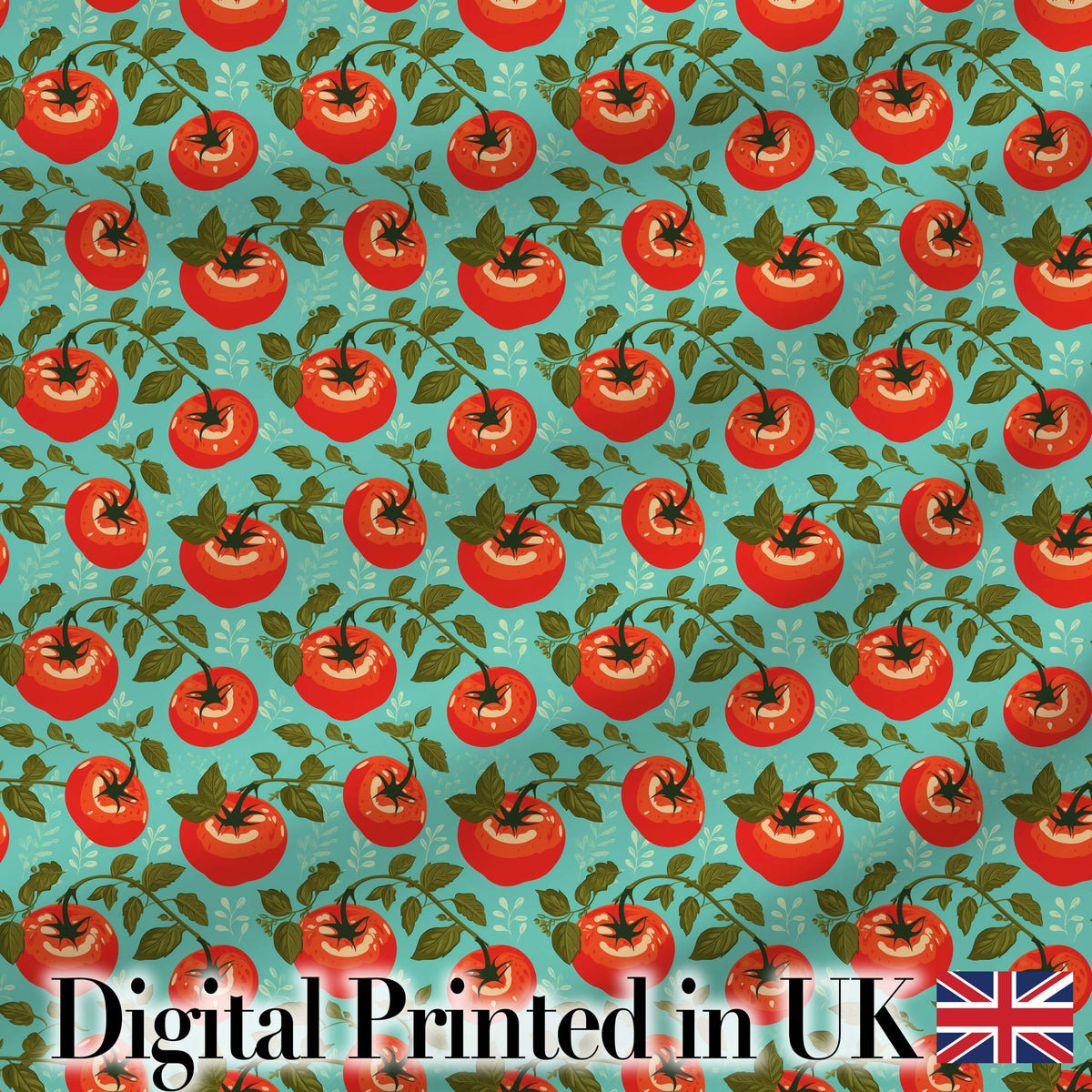 Bright Tomato Vine Pattern on Aqua Background Fresh Garden Produce Design Digital Print Fabric by the Metre UK Sewing Quilting Textile