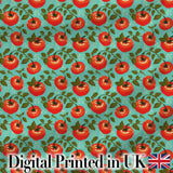 Bright Tomato Vine Pattern on Aqua Background Fresh Garden Produce Design Digital Print Fabric by the Metre UK Sewing Quilting Textile