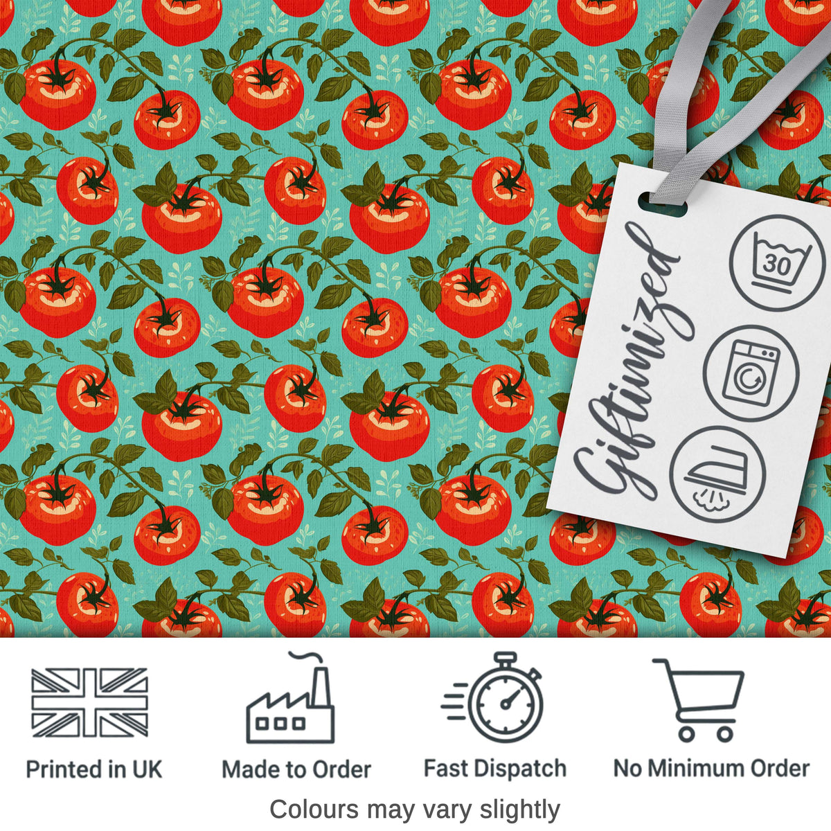 Bright Tomato Vine Pattern on Aqua Background Fresh Garden Produce Design Digital Print Fabric by the Metre UK Sewing Quilting Textile