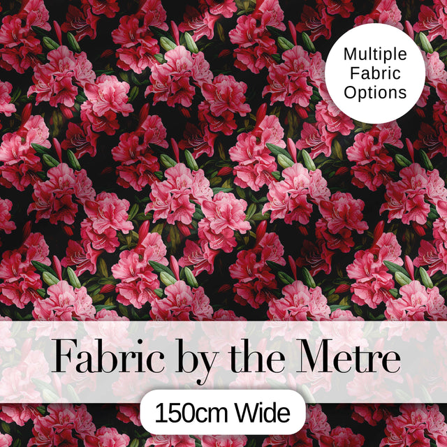 Vibrant Pink Rhododendron Flowers Dark Background Seamless Pattern Digital Print Fabric by the Metre UK Sewing Quilting Textile