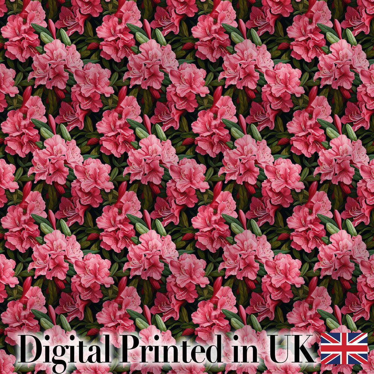 Vibrant Pink Rhododendron Flowers Dark Background Seamless Pattern Digital Print Fabric by the Metre UK Sewing Quilting Textile