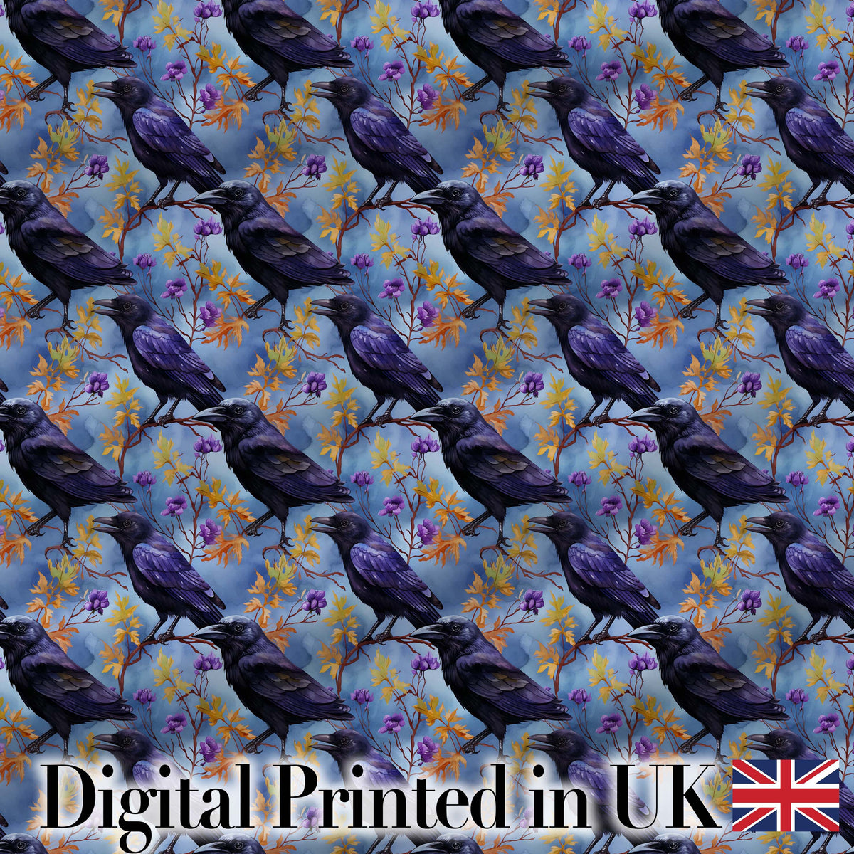 Purple Black Raven Bird with Autumn Leaves Seamless Pattern Digital Print Fabric by the Metre UK Sewing Quilting Textile